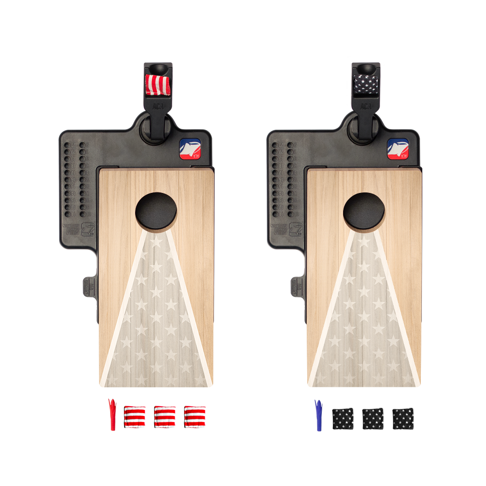 Natural Wood Triangle Flag Double Chuck Mini Cornhole Tabletop Game