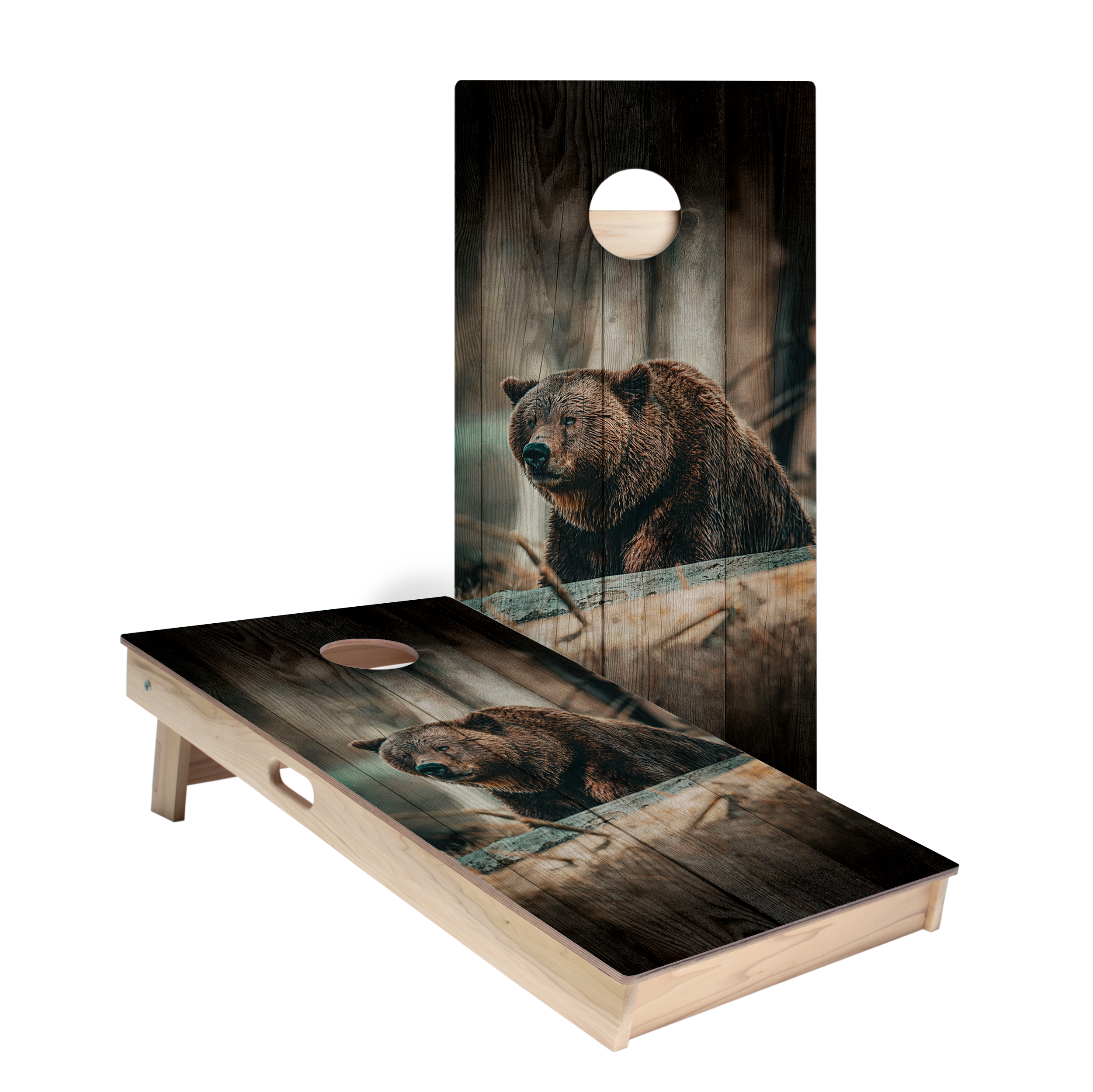 Rustic Wood Brown Bear Star Cornhole Boards