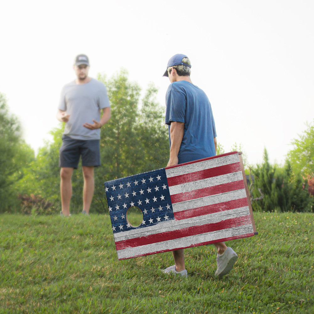 White Rustic Wood United States Flag Sig Pro Cornhole Boards